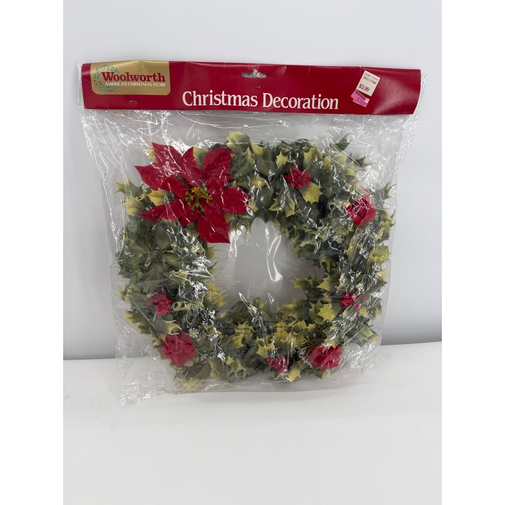 Woolworth Christmas Wreath Vintage 12" Green Red Poinsettia Holly Decor MCM New